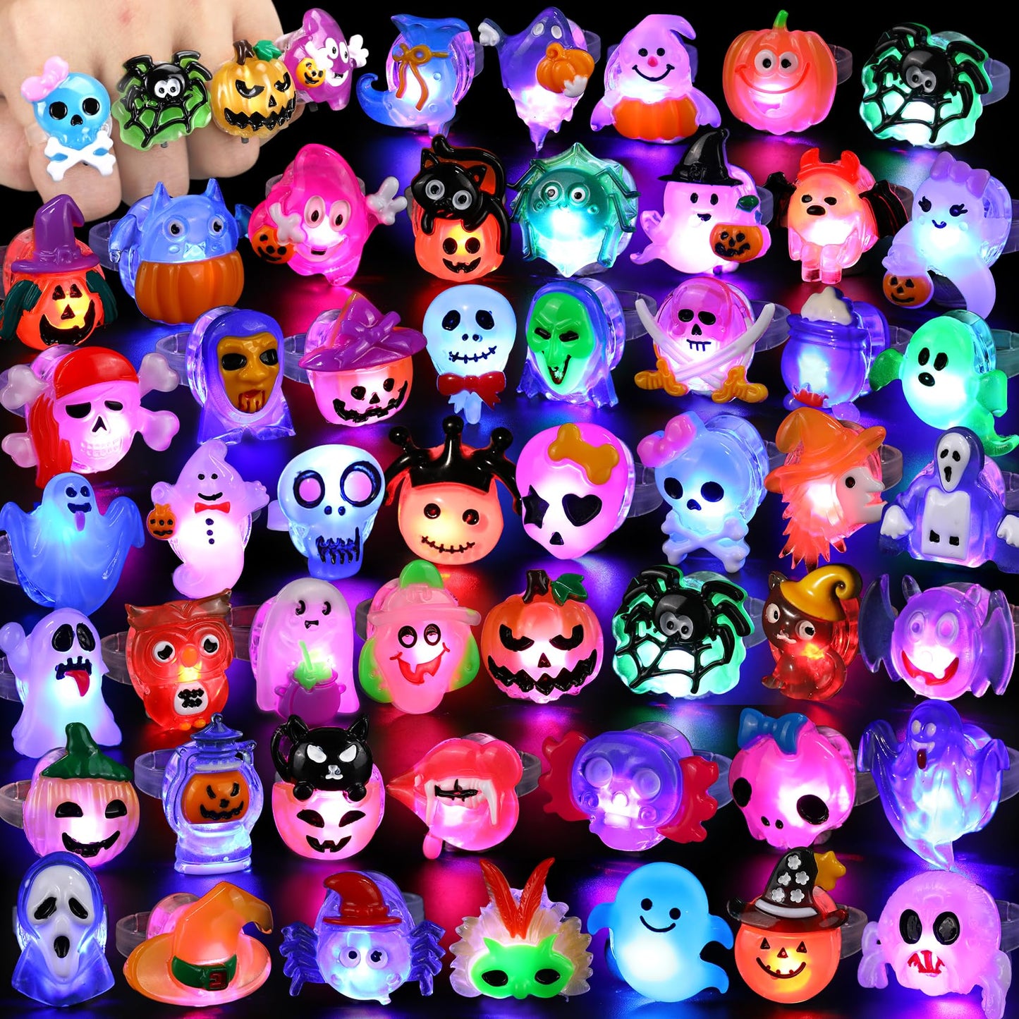 FLY2SKY Halloween Treats 50Pcs 3D Ring LED Light Up Rings Halloween Toys Halloween Party Favors for Kid Glow In The Dark Accessory Non Candy Gift Bag Fillers NEW VERSION