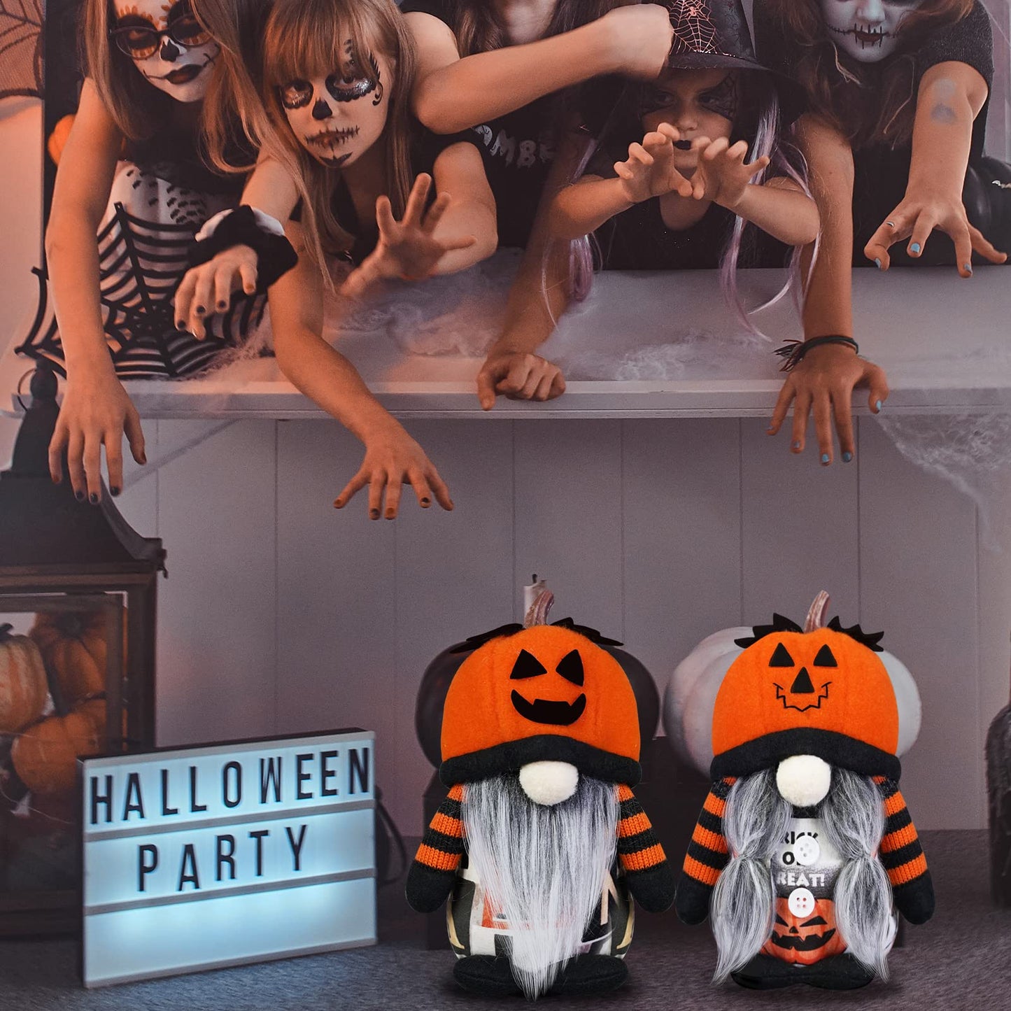 Halloween Gnome Decorations,2 Pack Handmade Pumpkin Face Hats Swedish Tomte Nordic Plush Elf Doll Nisse Adorable Fall Gnomes for Halloween Home and Office Decor