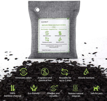CLEVAST Bamboo Charcoal Air Purifying Bags (Large, 4×200g), Removes Odors and Moisture, Nature Fresh Air Purifier Bags, Odor Eliminator for Home, Car, Pets, Bathroom, Basement