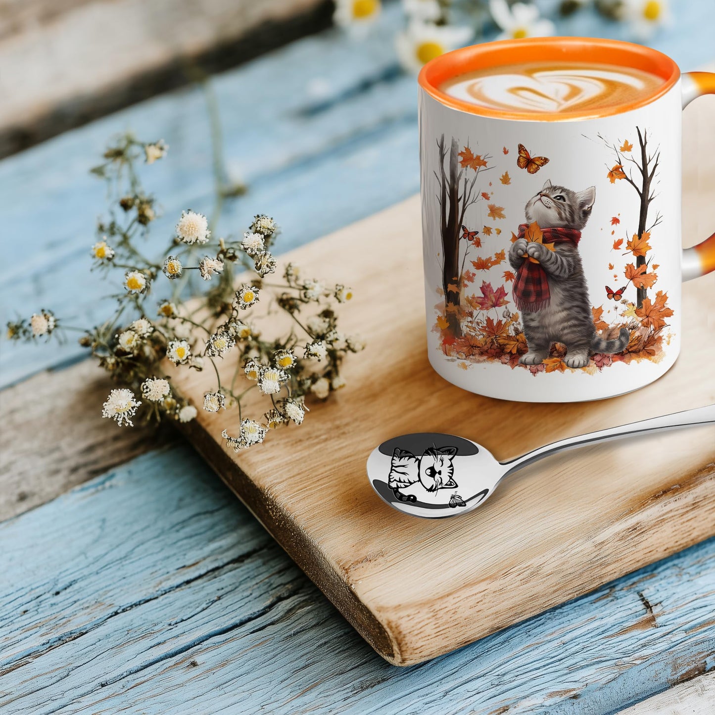 Hyturtle Fall Cat Maple Leaves Coffee Mug with Spoon, Birthday Gifts For Cat Lovers, Fall Autumn Decor Gifts For Farmhouse Thanksgiving, Cute Autumn Mug, 11oz Two Tone White Ceramic Coffee Tea Cup