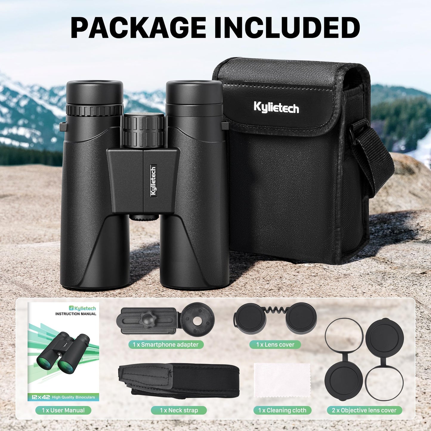 Kylietech 12X42 Binoculars for Adults with Universal Phone Adapter, HD Waterproof Fogproof Compact Binoculars for Bird Watching, Hunting, Hiking, Sports, and Concerts with BAK4 Prism FMC Lens