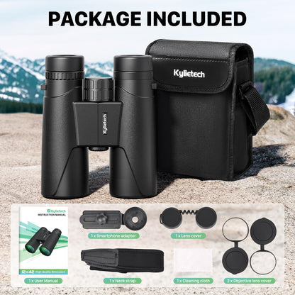 Kylietech 12X42 Binoculars for Adults with Universal Phone Adapter, HD Waterproof Fogproof Compact Binoculars for Bird Watching, Hunting, Hiking, Sports, and Concerts with BAK4 Prism FMC Lens