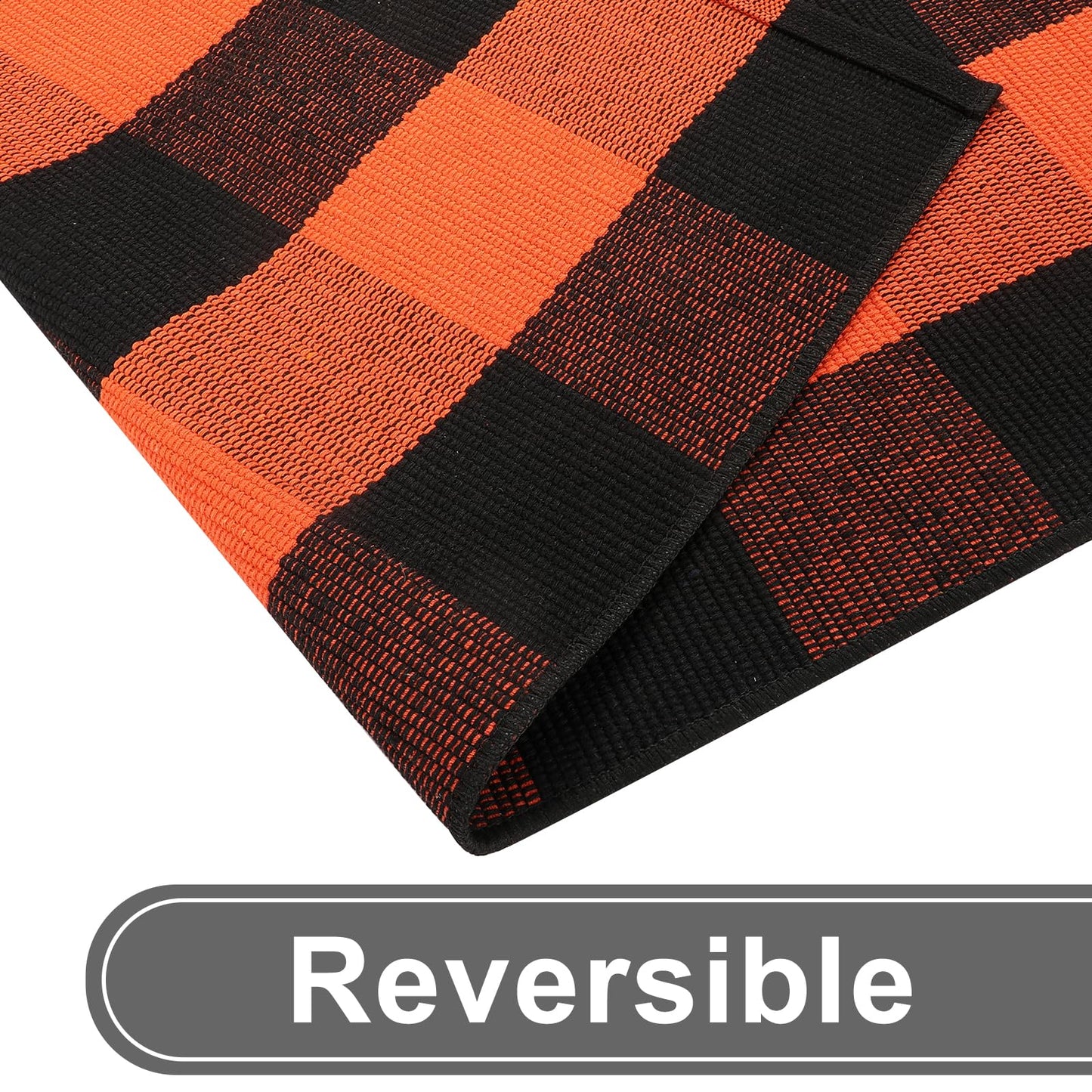 KIMODE Fall Outdoor Rug Buffalo Plaid Orange and Black 24"x51",Washable Cotton Fall Halloween Door Mat,Reversible Checkered Layering Rugs for Entryway,Halloween Front Porch Decor