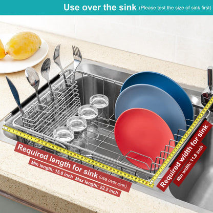 iPEGTOP Expandable Multifunctional Dish Drying Rack, Rustproof Stainless Over Sink Dish Drainer Rack Basket Shelf, Dish Drainer in Sink or On Counter Organizer with Utensil Cutlery Holder