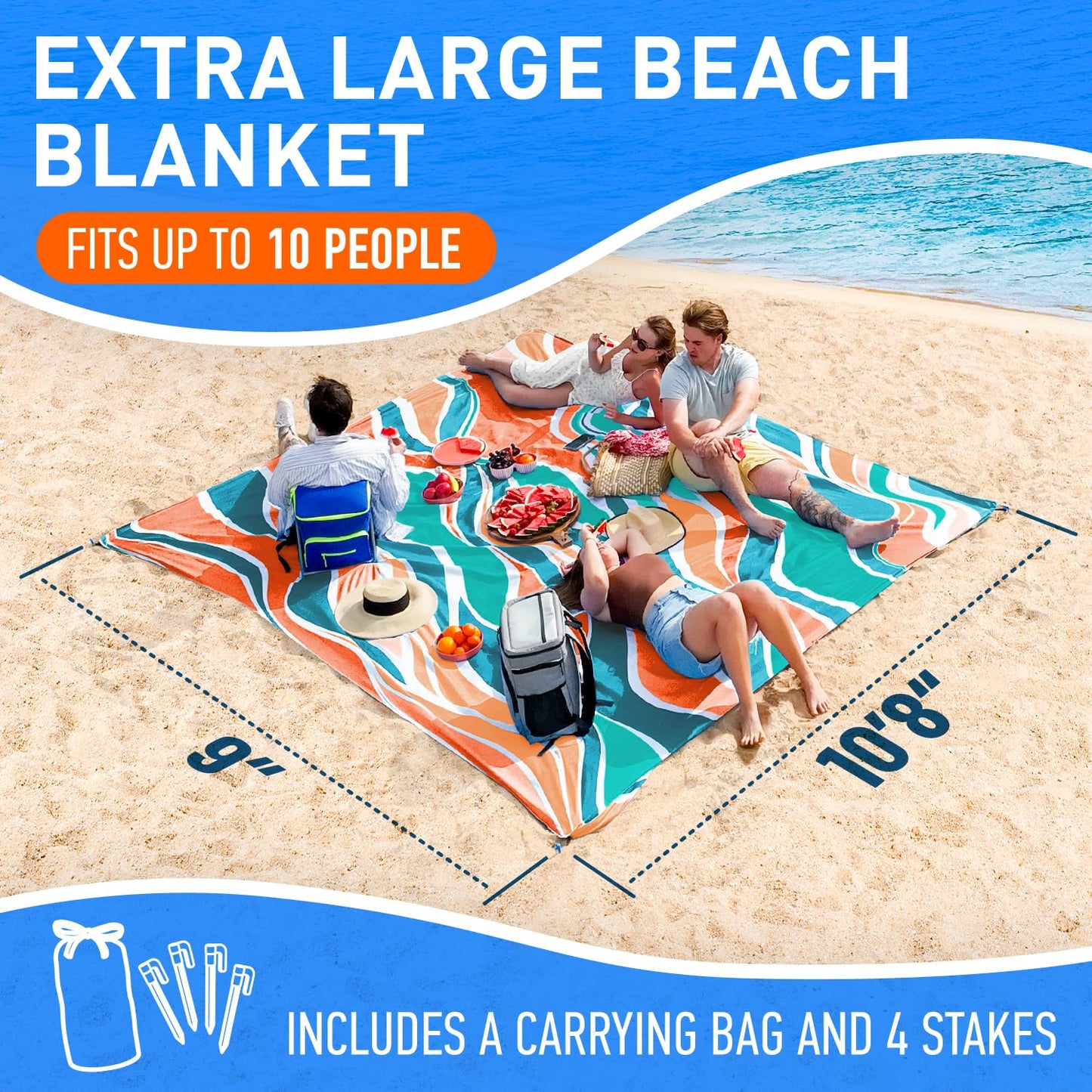 Everlasting Comfort Extra Large Beach Blanket Waterproof & Sandproof - 128" x 108"/10.7ft x 9ft - Lightweight Beach Mat, Picnic Mat, Camping Blanket for 10 People - Ideal for Festivals - Orange