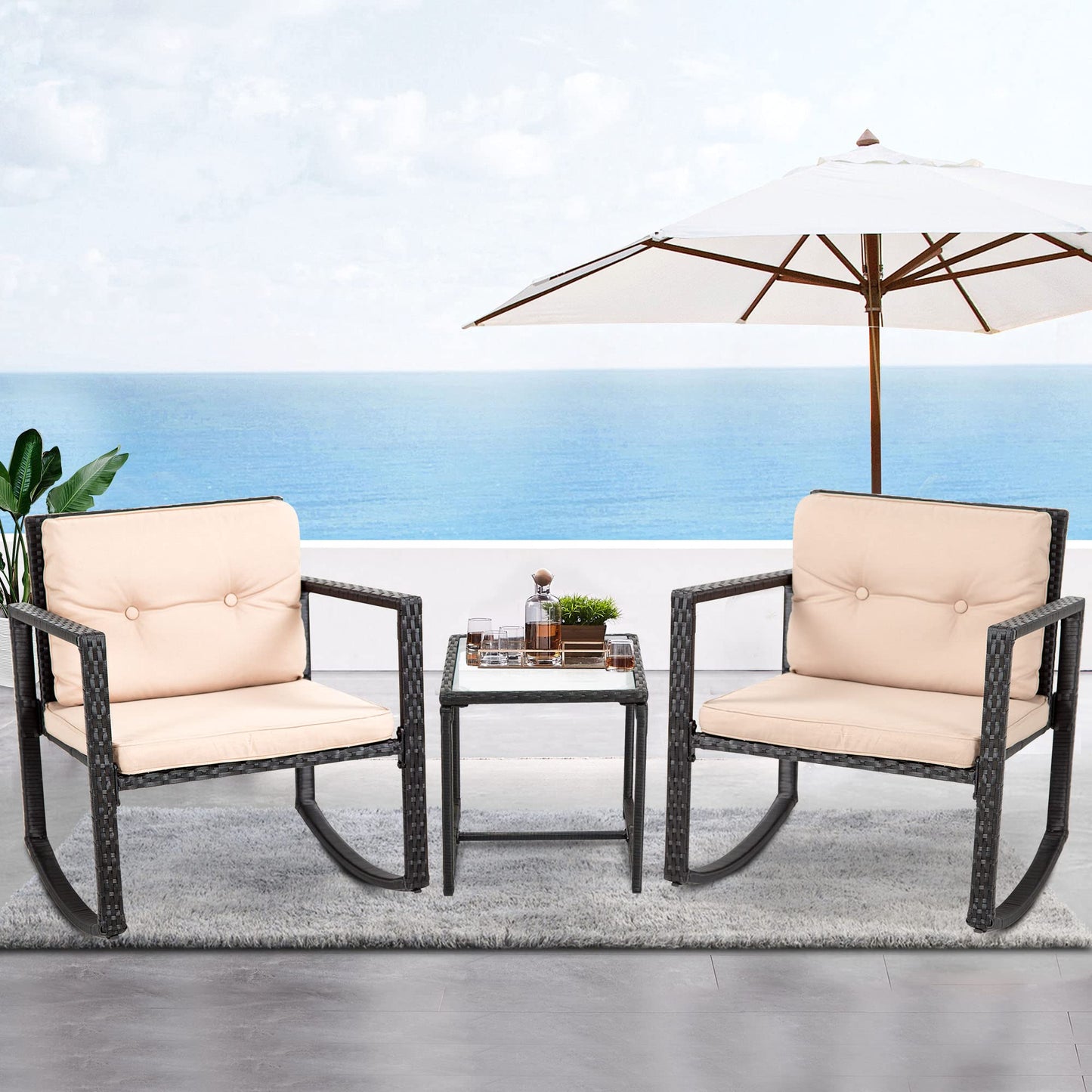 FDW Wicker Patio Furniture Outdoor Bistro Set, Rocking Chair, 3 Piece, Rattan Conversation Set for Backyard Porch Poolside Lawn with Coffee Table,Black