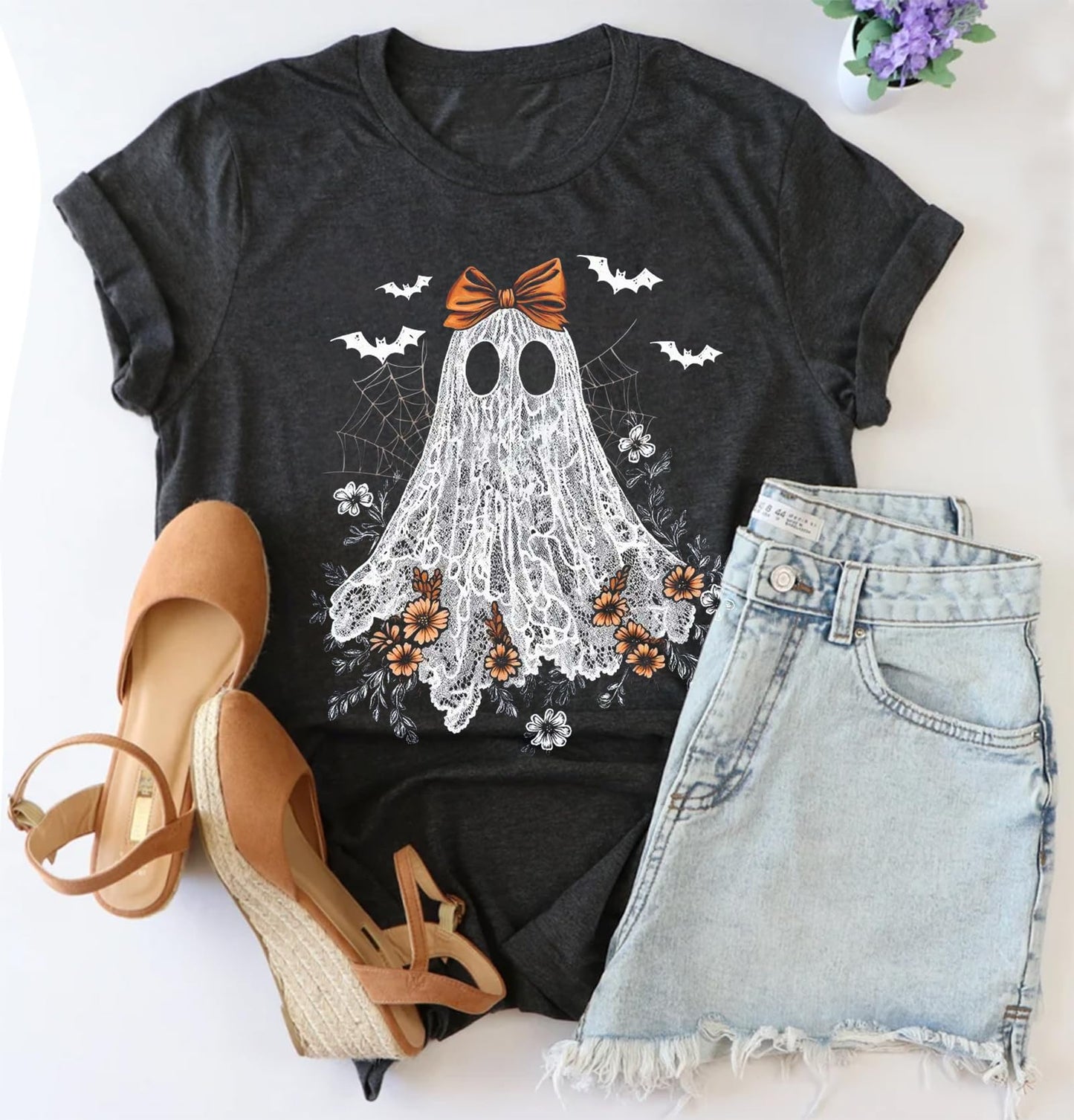 Ghost Halloween Shirts Women Cute Lace Ghost Graphic Halloween Shirt Funny Halloween Shirts Casual Halloween Party Tops (L, Ghost A-Dark Grey)