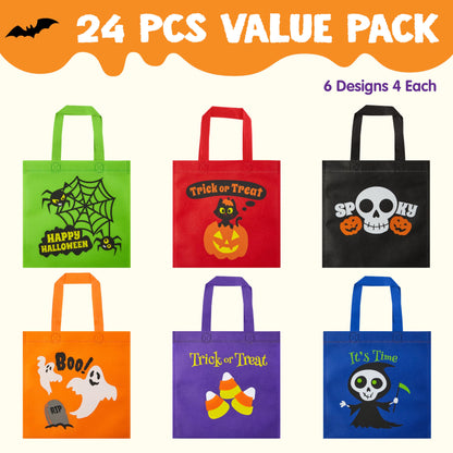 JOYIN 24PCS Halloween Non-Woven Treat Bags, 9" Goodie Totes Bags with Handles, Halloween Candy Bag for Kids Trick or Treating, 6 Cute Designs Gifts Goody Bag Bulk for Classroom Party Favor Supplies