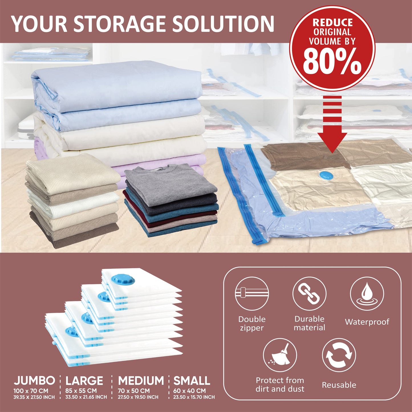 10 Space Saver Vacuum Sealed Storage Bags (2 Jumbo/2 Large/3 Medium/3 Small) with Hand Pump, Seal Bags for Clothing, Comforters, Pillows, Towel, Blanket Storage, Bedding