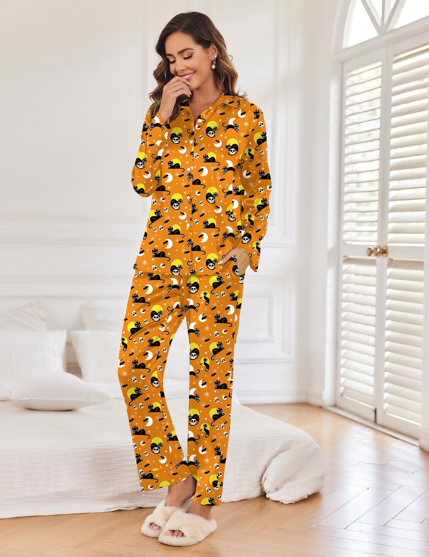 Ekouaer Silk Pajamas for Women Classic Button Down Pj Sets Satin Sleepwear Comfy Long Sleeve Loungewear Halloween M