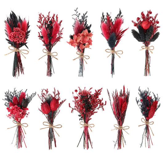 10 Pack Halloween Flowers Bouquets Red Black Series Mini Dried Flower with Stem Natural Dry Flower Bundles Dried Floral Arrangement for Vase DIY Goth Wedding Decor