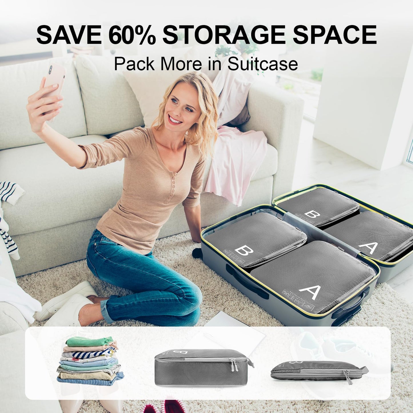 Compression Packing Cubes for Travell - Premium 361D Fabric Packing Cubes with Smooth Zippers, Space-Saving Compression Bags for Travell, Luggage Organizers for Clothes, Shoes, and Accessories