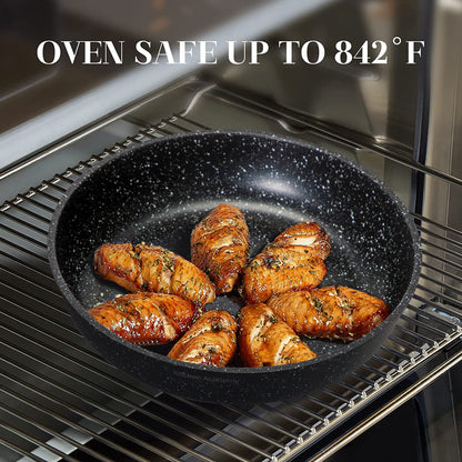 Kitchen Academy Removable Handle Induction Pots and Pans Set - 10 Piece Non-stick Cookware Sets, Black Granite Stackable RV Cookware for Camp