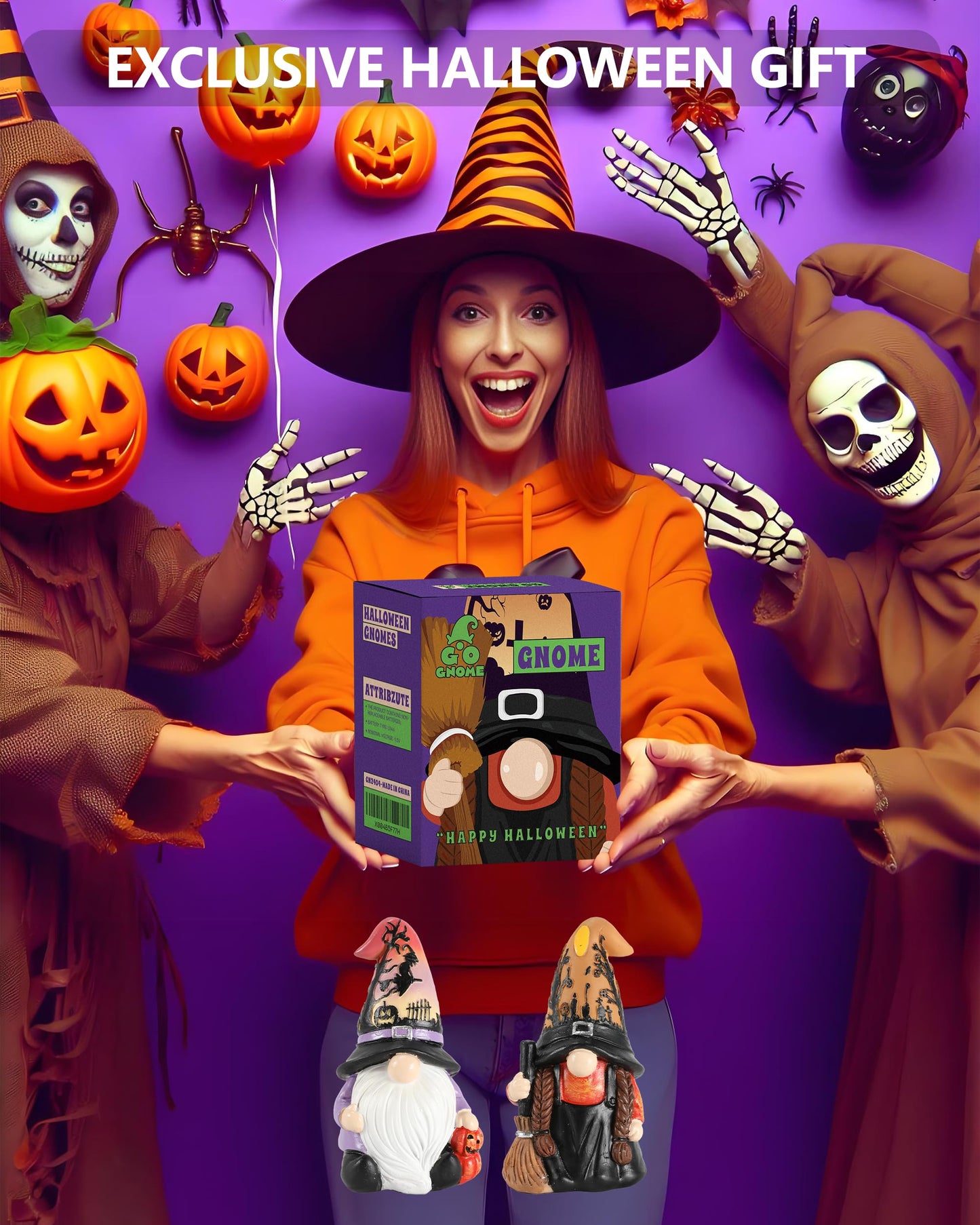 Halloween Gnomes and Witch Figurines - 2Pack Lights Up Fall Gnome Ornaments - 4.5'' Resin Indoor Halloween Decor for Women (Gnomes)