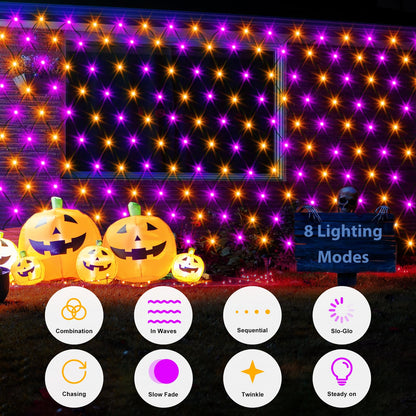echosari Halloween Net Lights Battery Operated, 5ft ×5ft 100 LED Net Lights with Remote Timer Dimmable Garden Mesh Lighting for Bush Fence Wall Party Decor (Purple Orange)