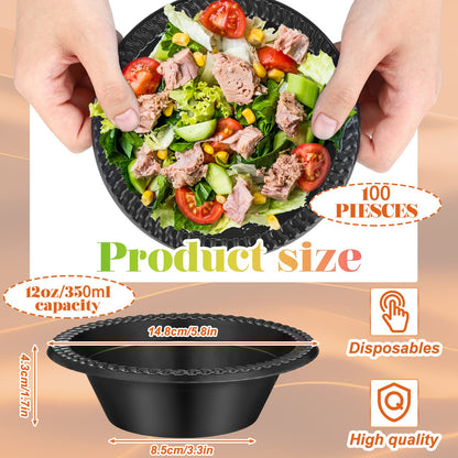 Lallisa 100 Pcs 12oz Black Disposable Plastic Bowls Halloween Dessert Cups Ice Cream Snack Salad Soup Food Serving Bowls for Halloween Party Favor Picnic