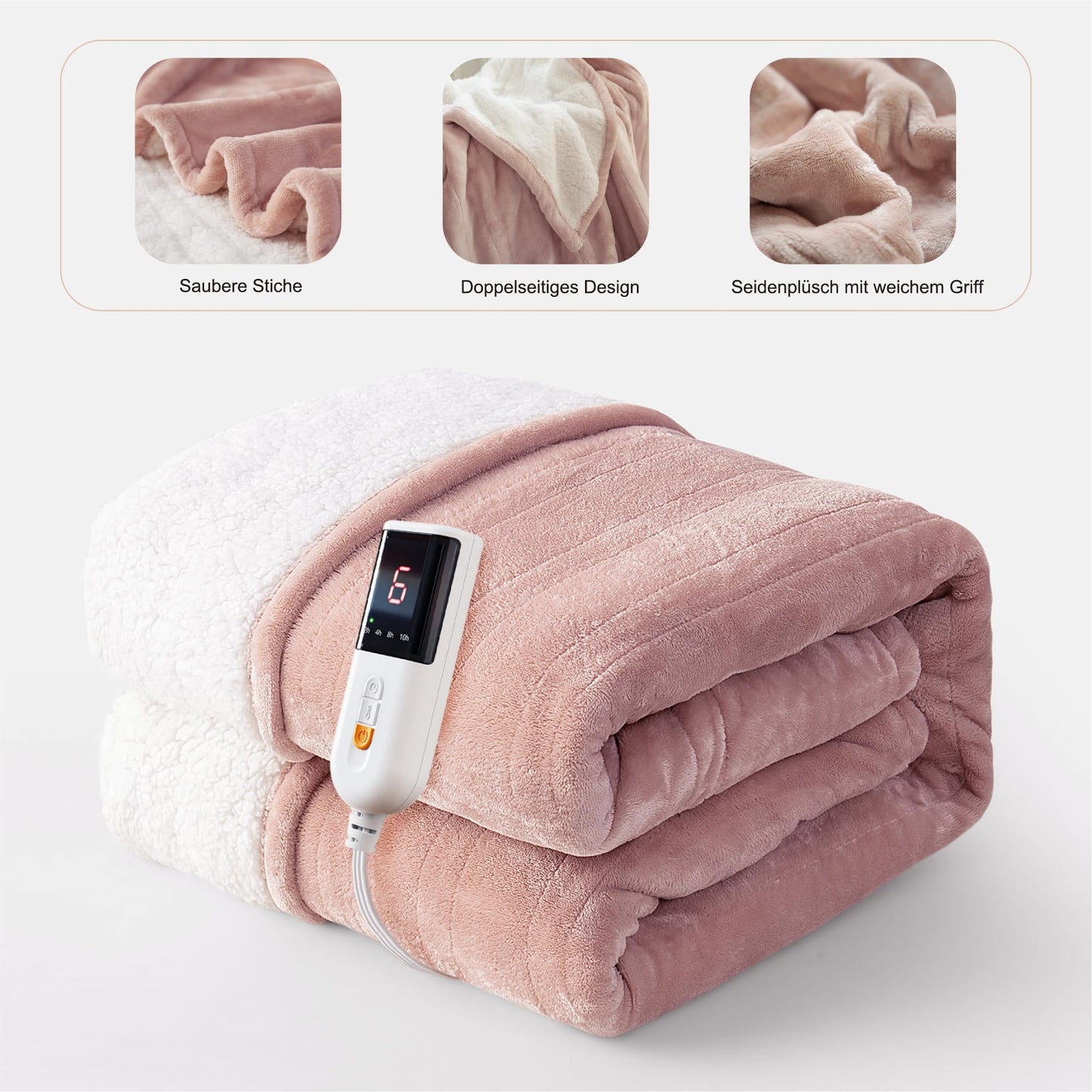 GOTCOZY Electric Blanket 130 x 180 cm Soft Silky Plush Heat Blanket Electric Blanket 6 Heat Settings and 10 Hours Auto-Off Timer Overheating Protection CE Certified Cuddly Blanket for Bed and Office