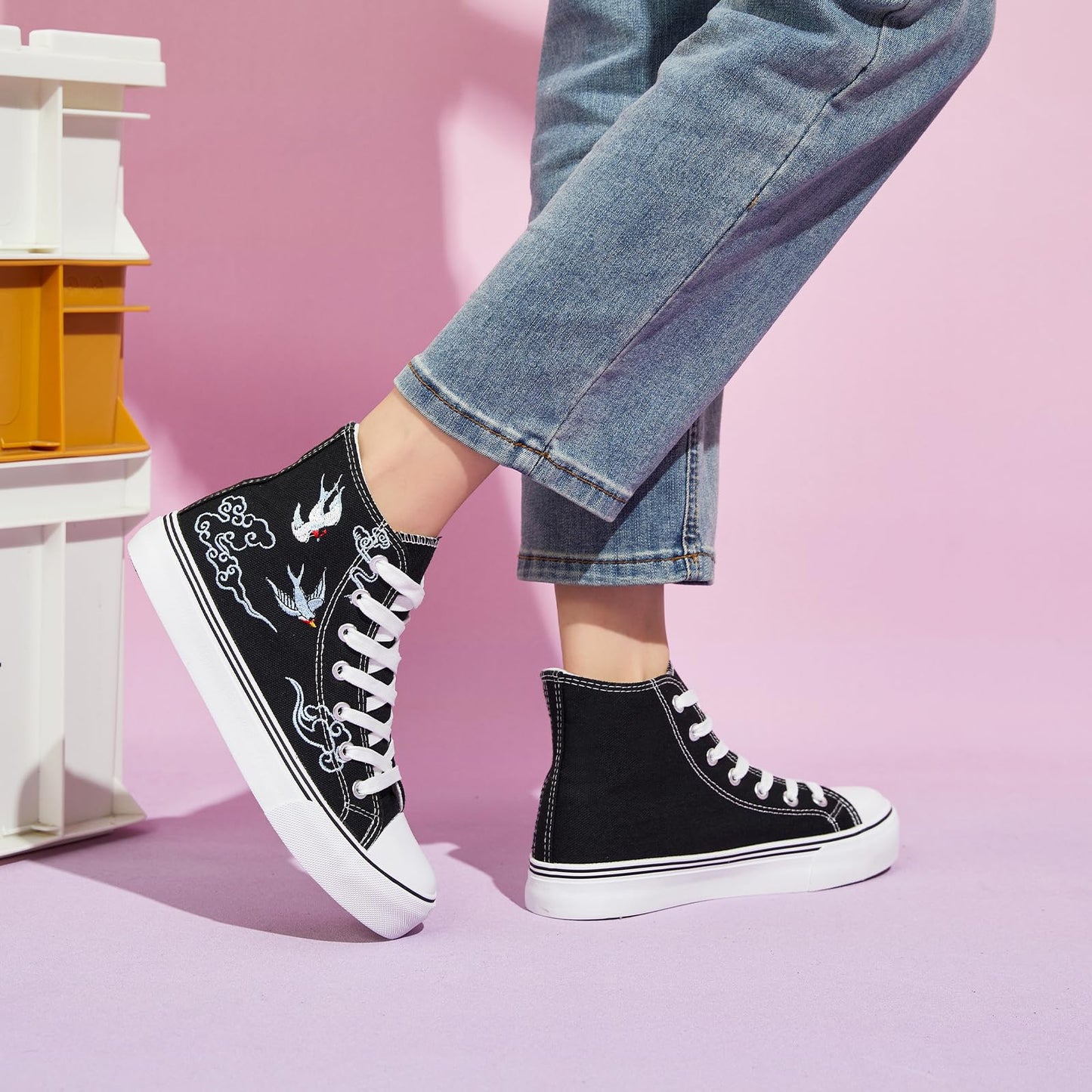 kufeiti Women's Embroidered High Top Canvas Sneaker Black Lace-up Comfortable Casual Fashion Sneaker(Black Lucky, US9)