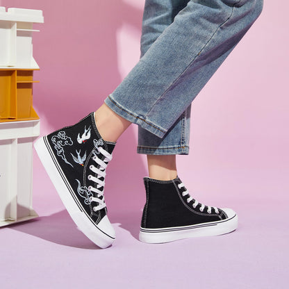 kufeiti Women's Embroidered High Top Canvas Sneaker Black Lace-up Comfortable Casual Fashion Sneaker(Black Lucky, US9)