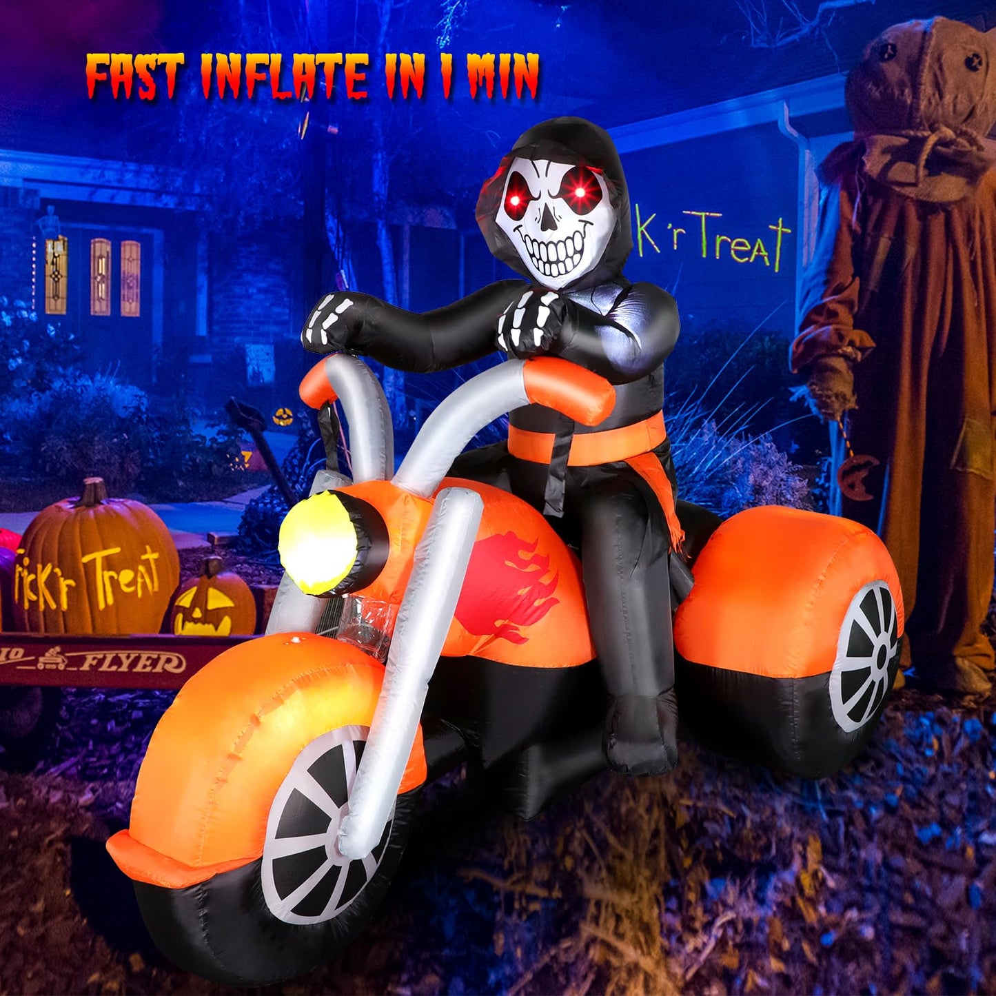 6 FT Halloween Inflatable Skeleton Ghost Riding on Motorcycle Bike, Blow Up Outdoor Decoration Clearance with Built-in LED Lights for Yard Garden Lawn Home Party Decorations