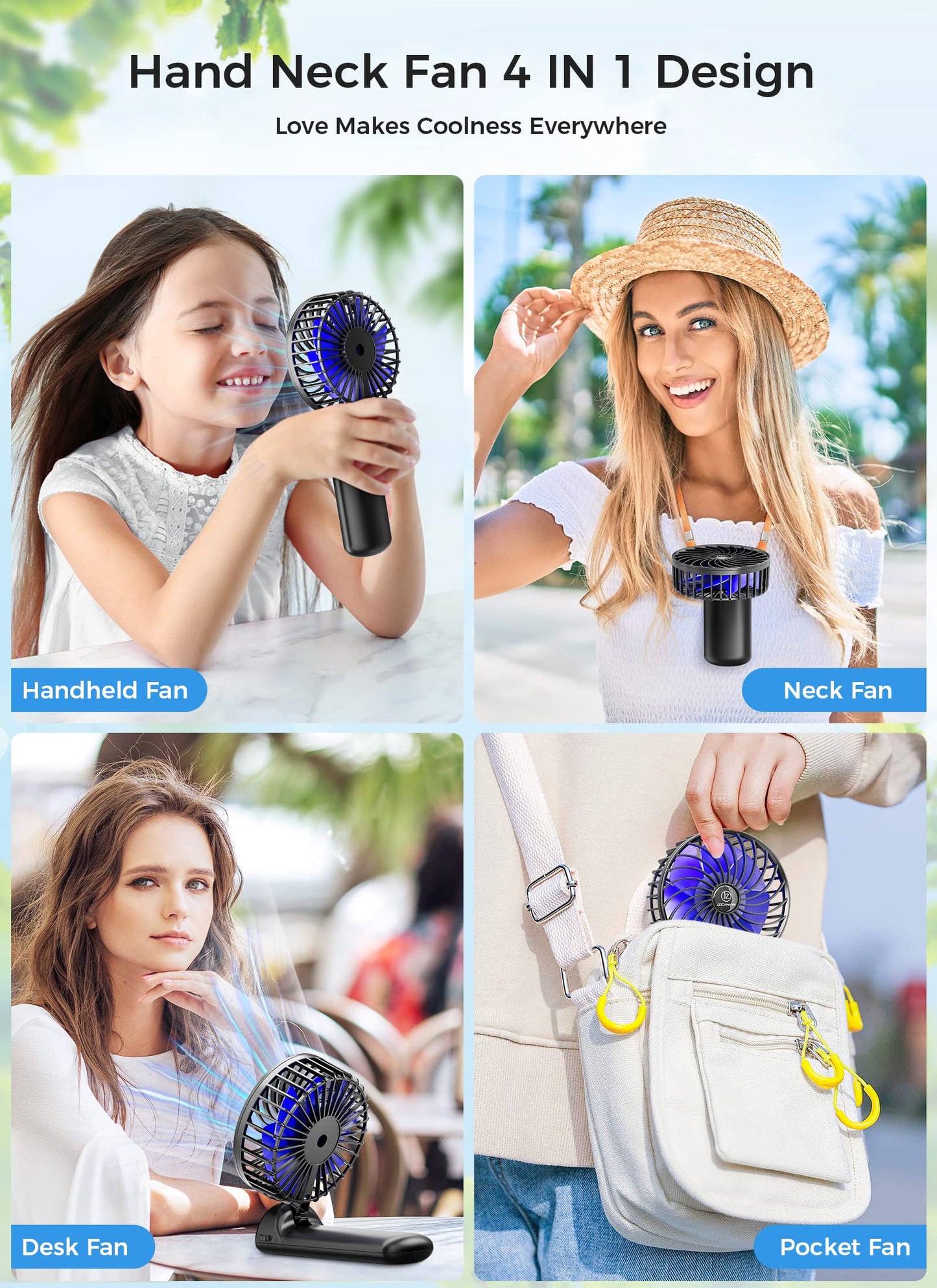 JZCreater 2Pack Mini Handheld Fan,Portable Hand Held Fan, 15H Cooling, Quiet 4 Speed, USB Rechargeable Battery Operated Desk Fan, Small Electric Fan for Travel Outdoor Home Office Makeup, Black 02