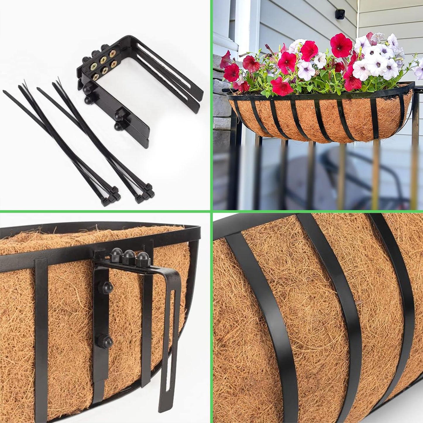 LCHUANG Railing Planter Window Box - 4 Pack 24 Inch Deck Balcony Rail Planter with Coconut Coir Liner, Fence Metal Hanging Flower Basket Deck Railing Planter Boxes for Outdoor Garden