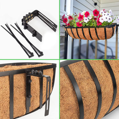 LCHUANG Railing Planter Window Box - 4 Pack 24 Inch Deck Balcony Rail Planter with Coconut Coir Liner, Fence Metal Hanging Flower Basket Deck Railing Planter Boxes for Outdoor Garden