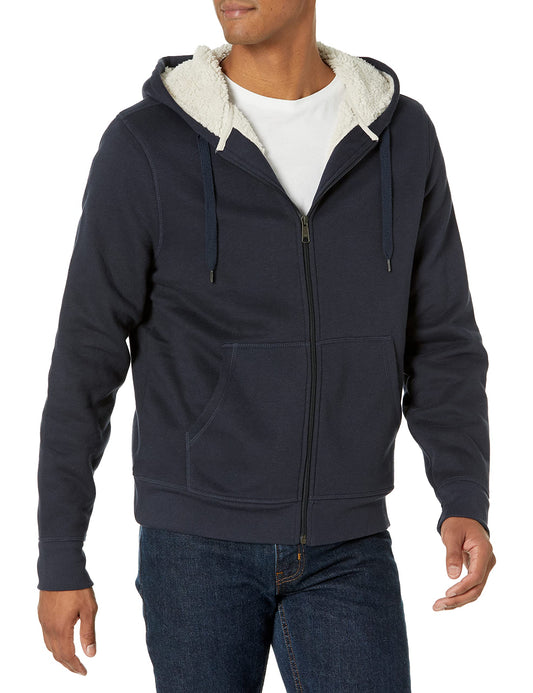 Amazon Essentials Hoodie For Men, Sherpa-Lined Full-Zip Fleece Sweatshirt, Large, Navy