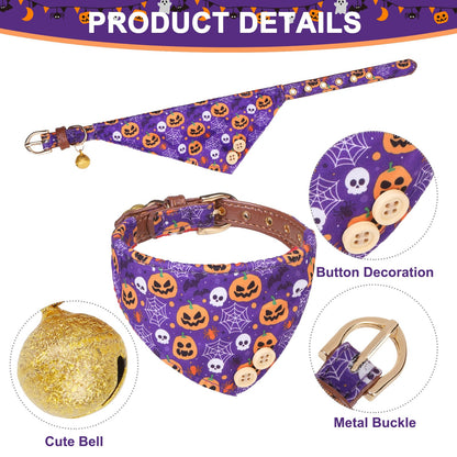 EXPAWLORER Halloween Dog Collar and Leash Set - Dog Bow Tie and Dog Bandana Collar with Bell, Dog Leash Tangle Free, Adjustable Collars for Small Medium Large Dogs Cats, Holiday Ideal Gift for Pets