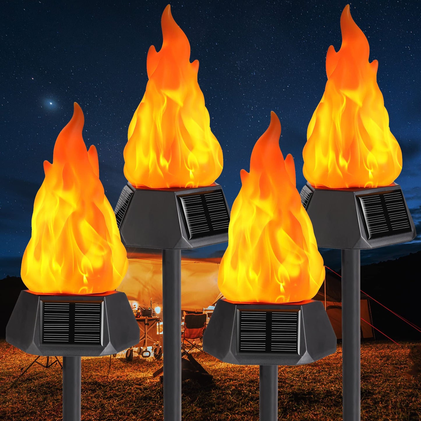 Toodour Solar Halloween Lights Outdoor, 4 Pack Solar Torch Lights with Flickering Flame, Waterproof LED Flame Torches - Outdoor Light for Camping Garden Landscape Yard Halloween Decorations