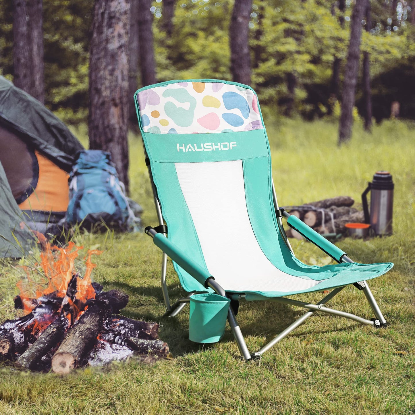 HAUSHOF High Back Beach Chair, Mesh Back Folding Chair, Lightweight Low Seat Camping Chairs with Cup Holder, Carry Bag, Padded Armrest for Outdoor Beach Lawn Camping Picnic Festival
