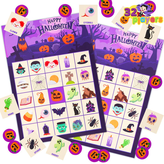 JOYIN 32 Players Halloween Bingo Card Game, Kids Bingo Cards Set for Halloween Party Games, Large Group Family Activities, School Classroom Party Supplies