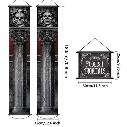 2 Pieces Halloween Gothic Mansion Banners Halloween Skull Hanging Banners with Welcome Foolish Mortals Porch Sign Spooky Pillar Sign Decorations for Outdoor Party Supplies