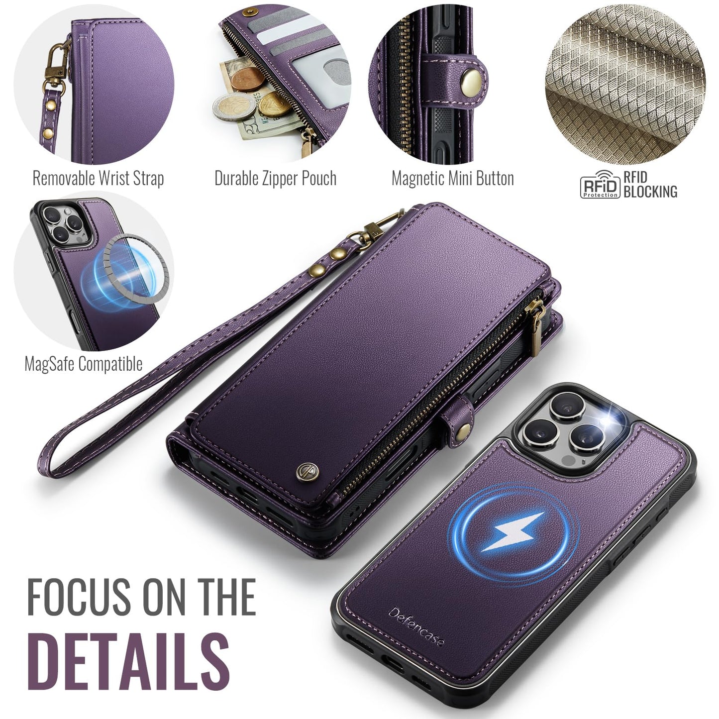 Defencase for iPhone 16 Pro Max Magnetic Wallet Case Compatible with Magsafe with RFID Blocking Zipper Strap Card Holder for Women Men PU Leather Detachable Case for iPhone 16 Pro Max (6.9"), Purple