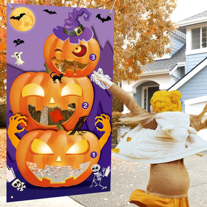 Eunvabir Halloween Party Games for Kids 30'' X 55'', Bean Bag Toss with 3 Bean Bags and Pumpkin Banner, Halloween Carnival Games Teen Adults Indoor Outdoor Fall Festival Carnival Party Decorations