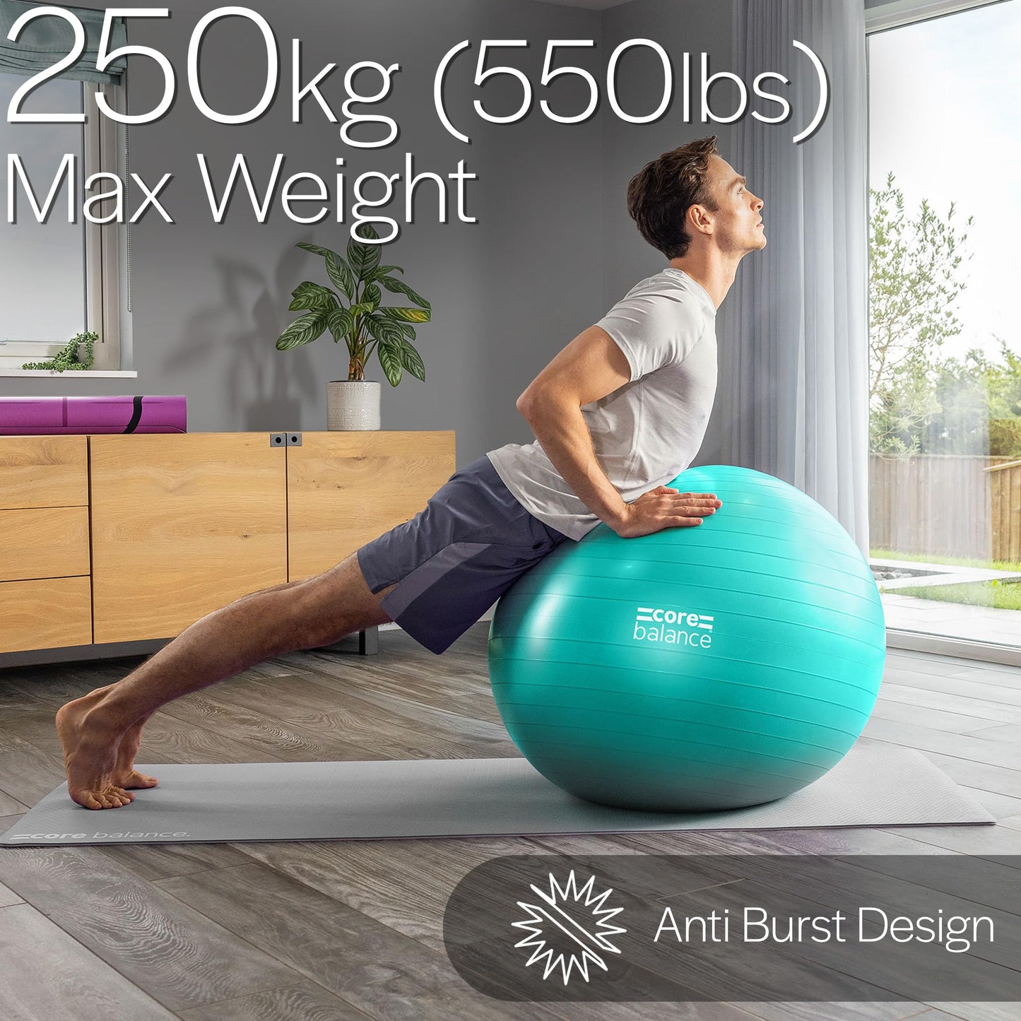 Core Balance Exercise Ball for Workouts, Anti-Burst and Slip Resistant, Swiss Yoga Ball for Pregnancy, Stability, Fitness and Physical Therapy, 4 Sizes, with Pump (25" / 65cm Teal)