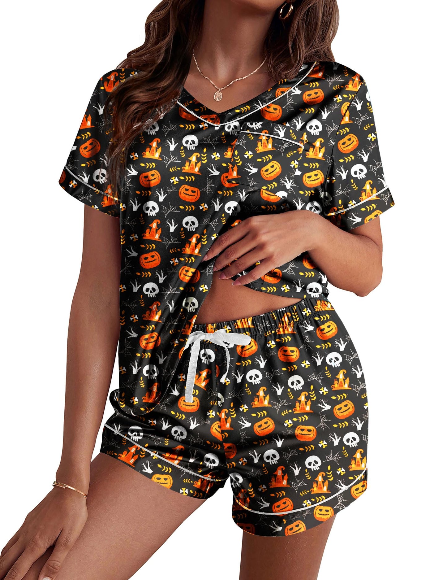 Ekouaer Silk Pajama for Women Short Sleeve Satin Pj Set Two Piece Soft Sleepwear Loungewear, Black Pumpkin & Spider Web, M