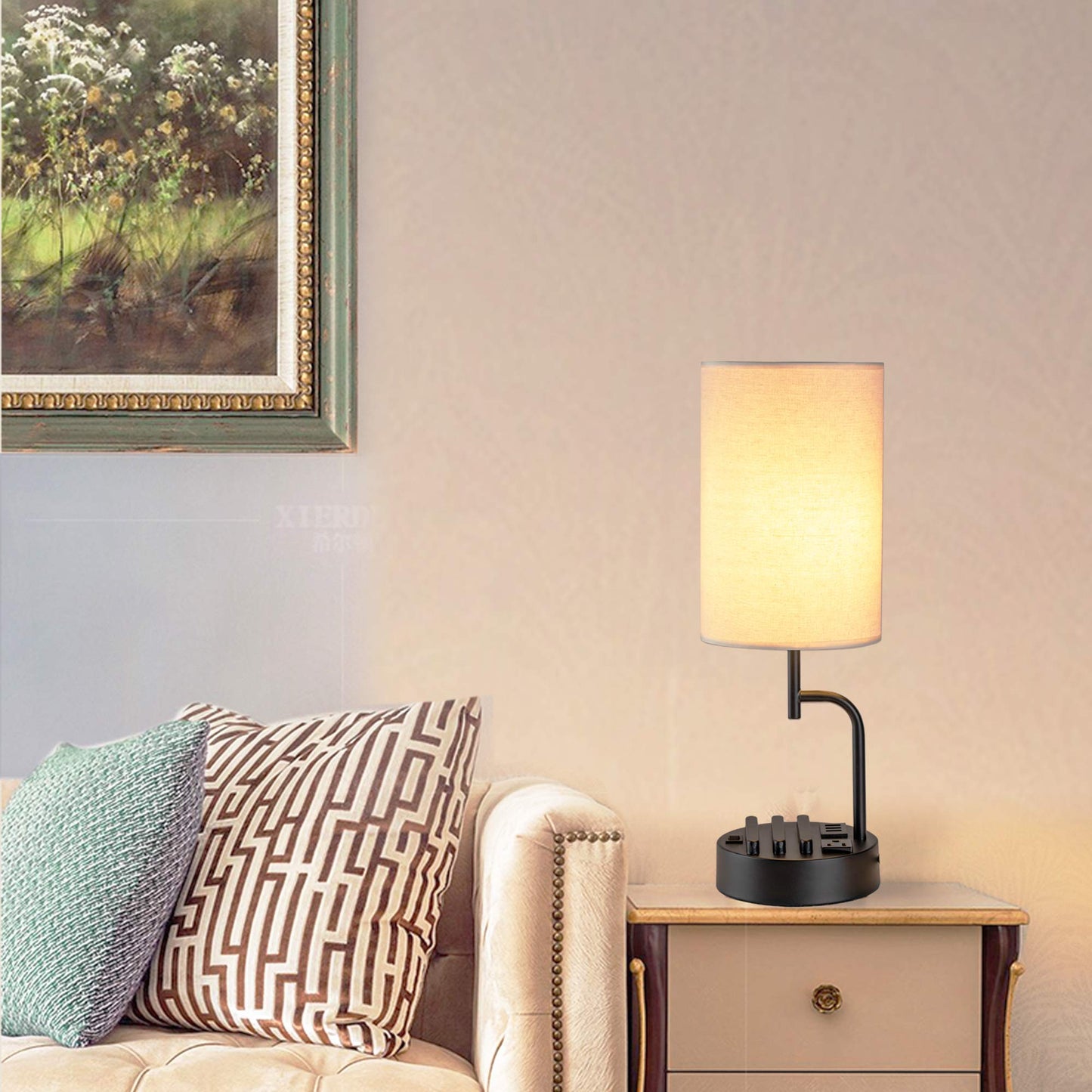 Dreamholder Table Lamp with 3 USB Charging Ports, Modern Desk Lamp with AC Outlet and Phone Stands, Perfect Bedside Lamp for Bedroom, Living Room, Office (Pack of 2), Cream