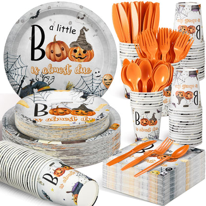 Dandat 350 Pcs Baby Shower Plates Set Baby Shower Party Supplies Serves 50 Tableware Sets Include Plates Napkin Cup Forks Knives Spoons Disposable Dinnerware(Boo,Orange)