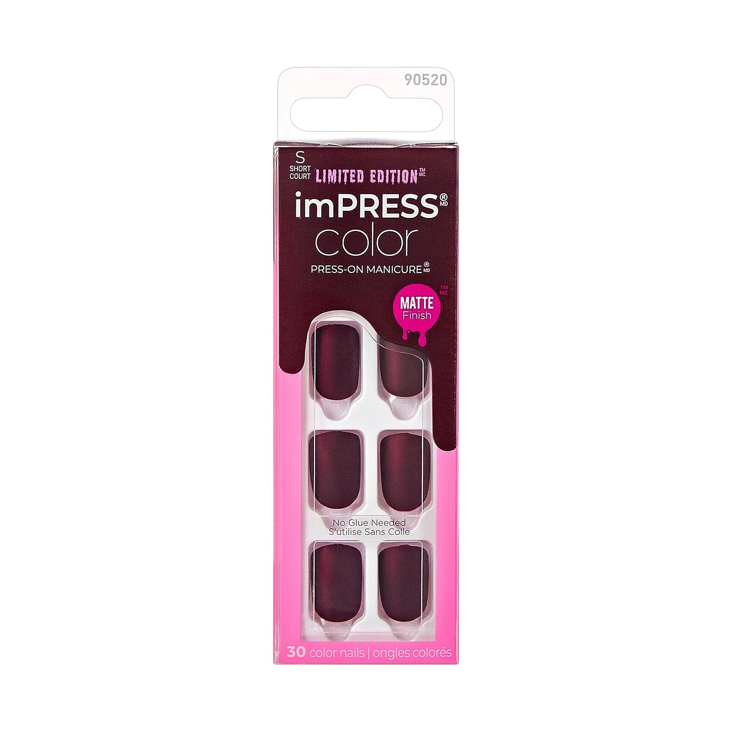 KISS imPRESS Color Press-On Manicure Halloween, Solid Red, Short Length, Square Shape, PureFit Technology, Chip Proof, Smudge Proof, Waterproof, Nail File, Manicure Stick & 30 Fake Nails