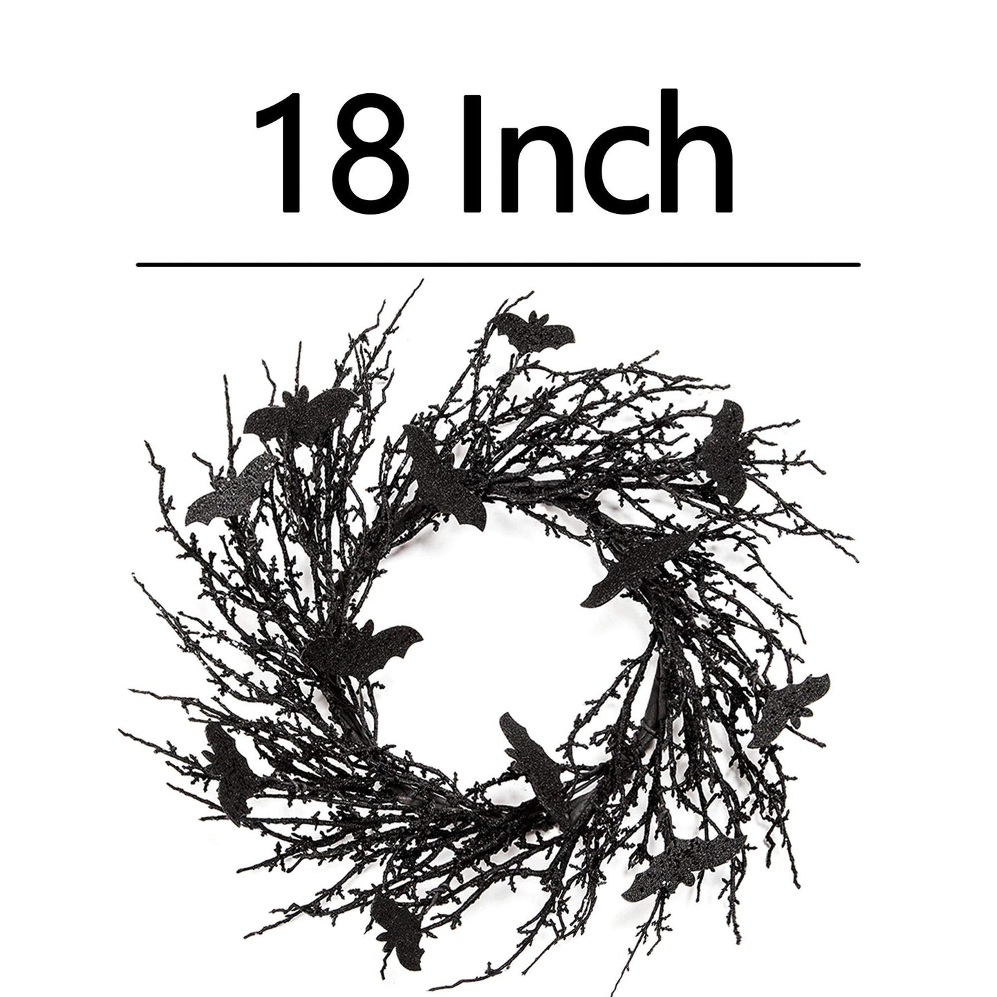 18 Inch Black Bat Wreath with Glitter Bats - Halloween Decorations