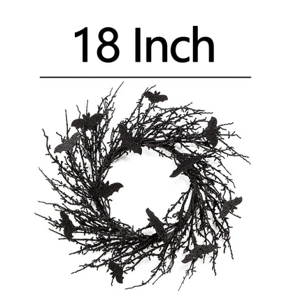 18 Inch Black Bat Wreath with Glitter Bats - Halloween Decorations