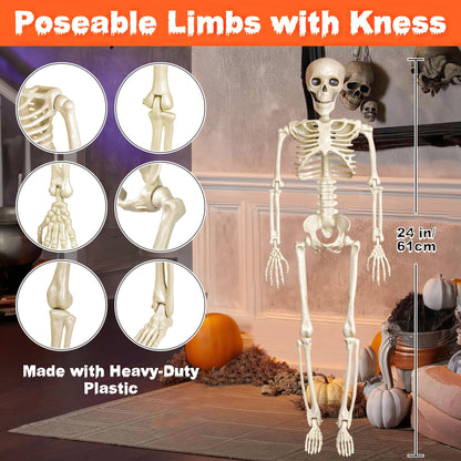 24" Halloween Skeleton Decorations,Full Body Posable,Hanging Skeleton with Movable Posable Joints, Spooky Plastic Skeleton for Yard Garden Lawn Haunted House Graveyard Props Decor