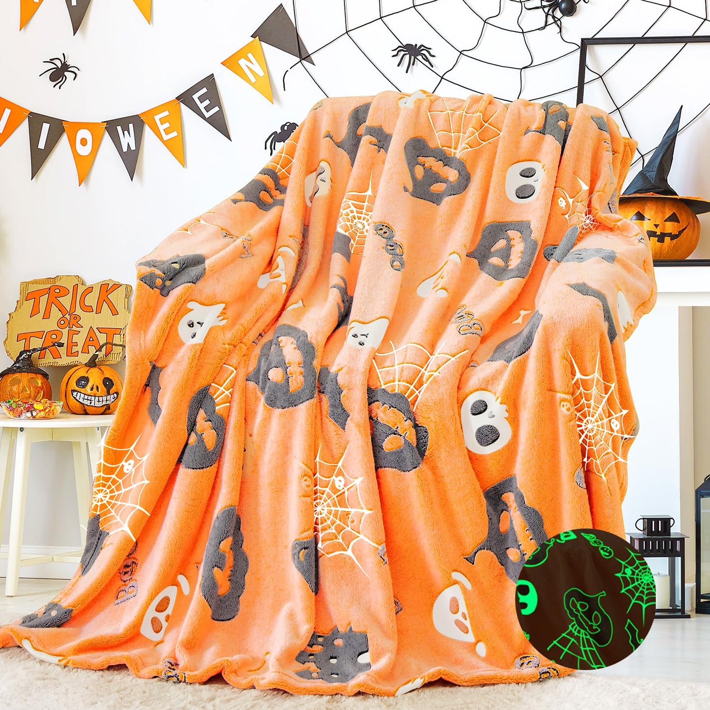inhand Halloween Blanket Gifts Glow in The Dark Blanket and Toys for Kids Spider Webs Pumpkin Ghost Spooky Plush Soft Halloween Decorations Throw Blanket for Kids to Party Sofa Bed Living Room 50"X60"