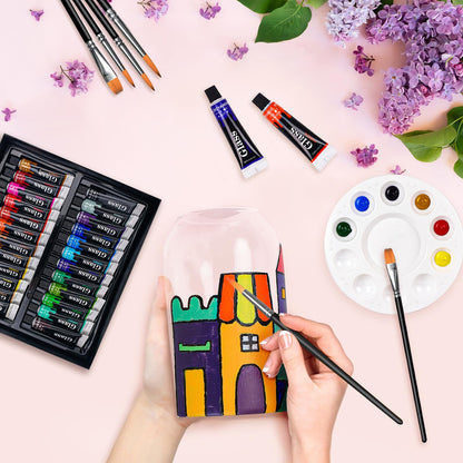 Colorful Stain Glass Paint Set with 6 Brushes, 1 Palette, 24 Color Waterproof Acrylic Enamel Painting Kit for Kids to Arts on Transparent Wine Glasses, Light Bulbs, Windows and Ceramics