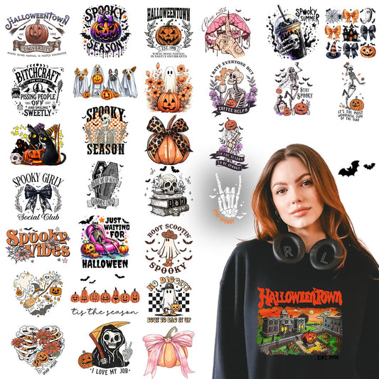 Kaciola 30 Sheets Skull Head Iron on Transfers, Halloween DTF Transfers Ready to Press Iron on Decals for T Shirts Hoodie DIY Crafts