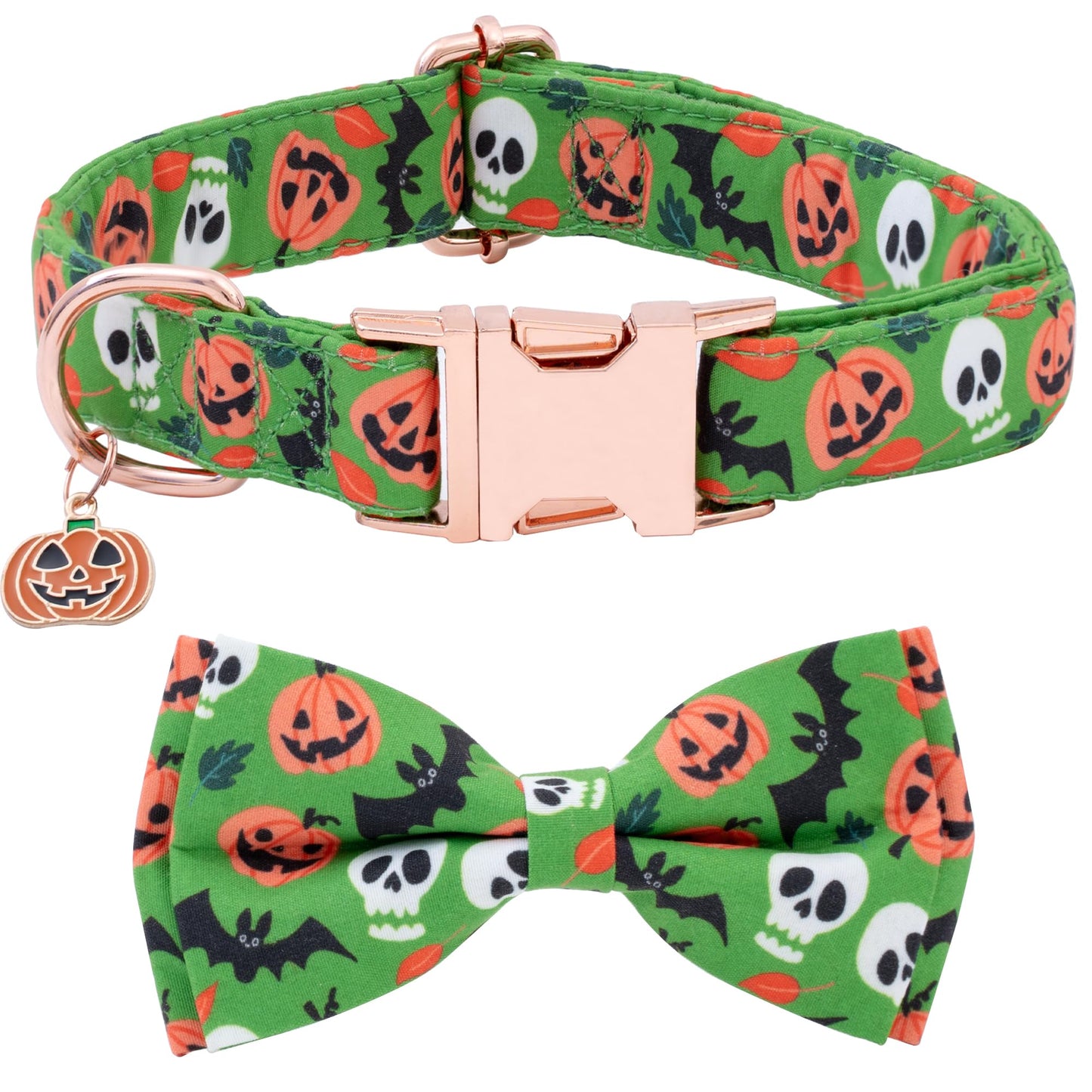 Faygarsle Bow Tie Halloween Fall Dog Collar for Small Medium Large Dogs Fashionable Cute Collar for Male Female Dogs Green Cotton Collar with Metal Buckle Skull Bat Pumpkin Pattern S