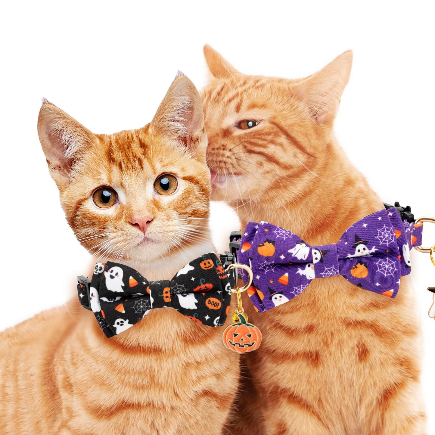 Gelwoo 2 Pack Halloween Cat Collar with Bow Tie and Bell for Male Female Cats,Soft Fancy Breakaway Kitty Kitten Collar with Ghost& Pumpkin Patterned Design for Boy Girl Cats. (Purple Ghost&Pumpkin)