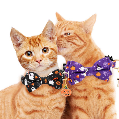Gelwoo 2 Pack Halloween Cat Collar with Bow Tie and Bell for Male Female Cats,Soft Fancy Breakaway Kitty Kitten Collar with Ghost& Pumpkin Patterned Design for Boy Girl Cats. (Purple Ghost&Pumpkin)