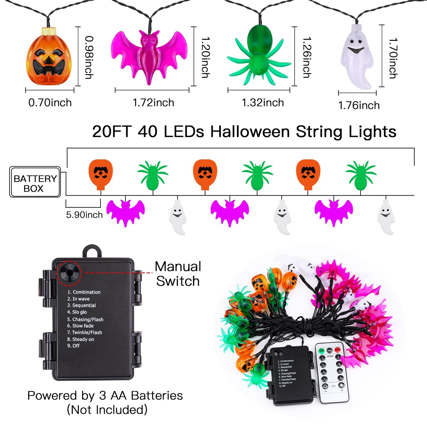 20FT 40LED Halloween Lights Outdoor Indoor Pumpkin Bat Spider Ghost Halloween String Lights Battery Operated, 8 Light Modes Waterproof Fairy Lights Decorations for Home Yard Window Party Outside Decor